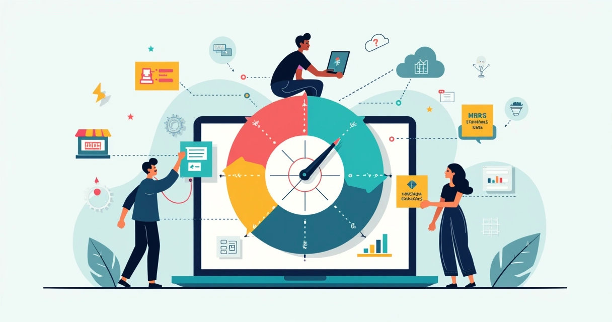 Equipe de pequena empresa construindo painel de marketing em formato de bússola digital